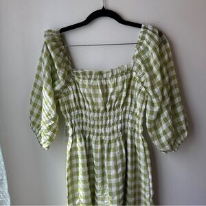 Smocked Gingham Mini Dress in Light Green and White